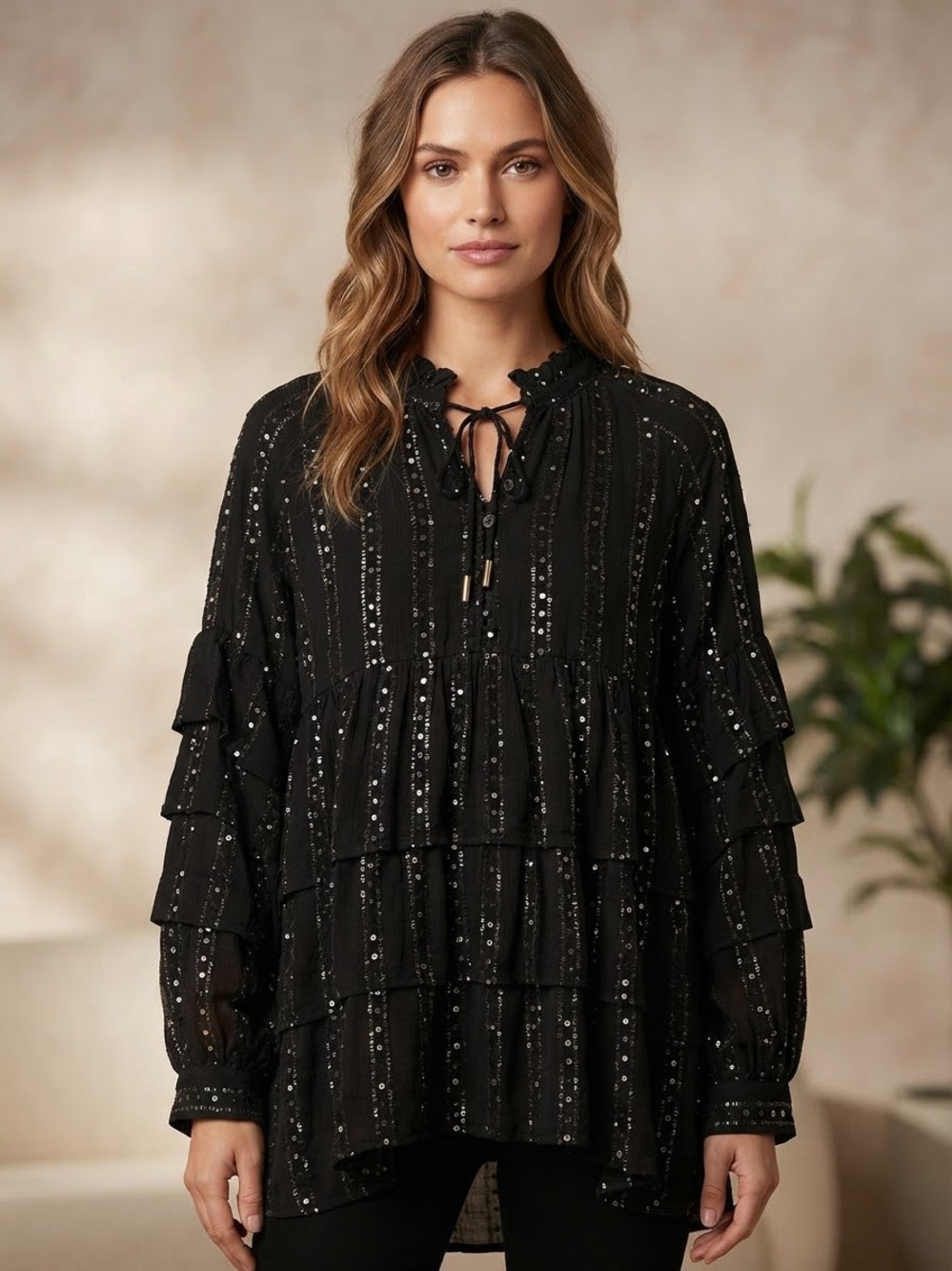 ANTHROPOLOGIE Black Tiered Gold Sequin Tie-Neck Tunic
